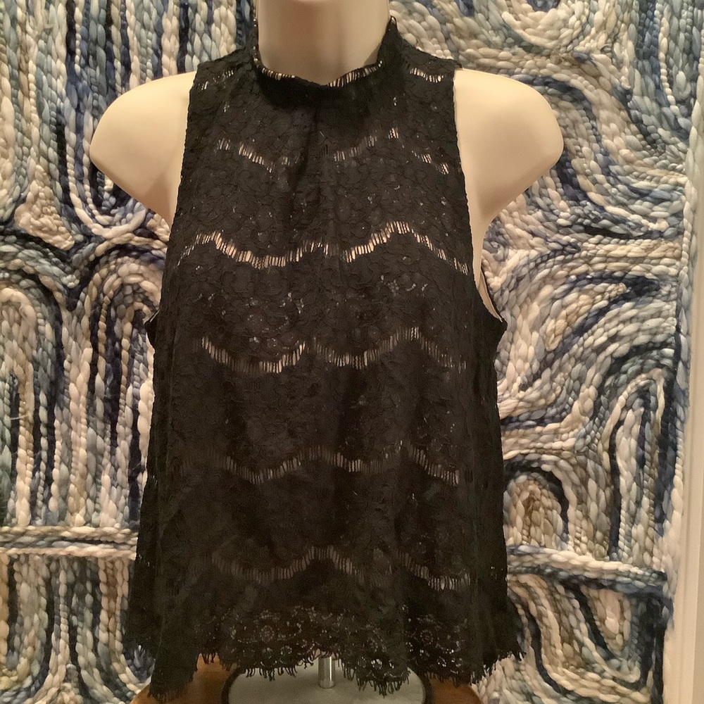 Boutique Black Eyelash Lace High neck tank blouse